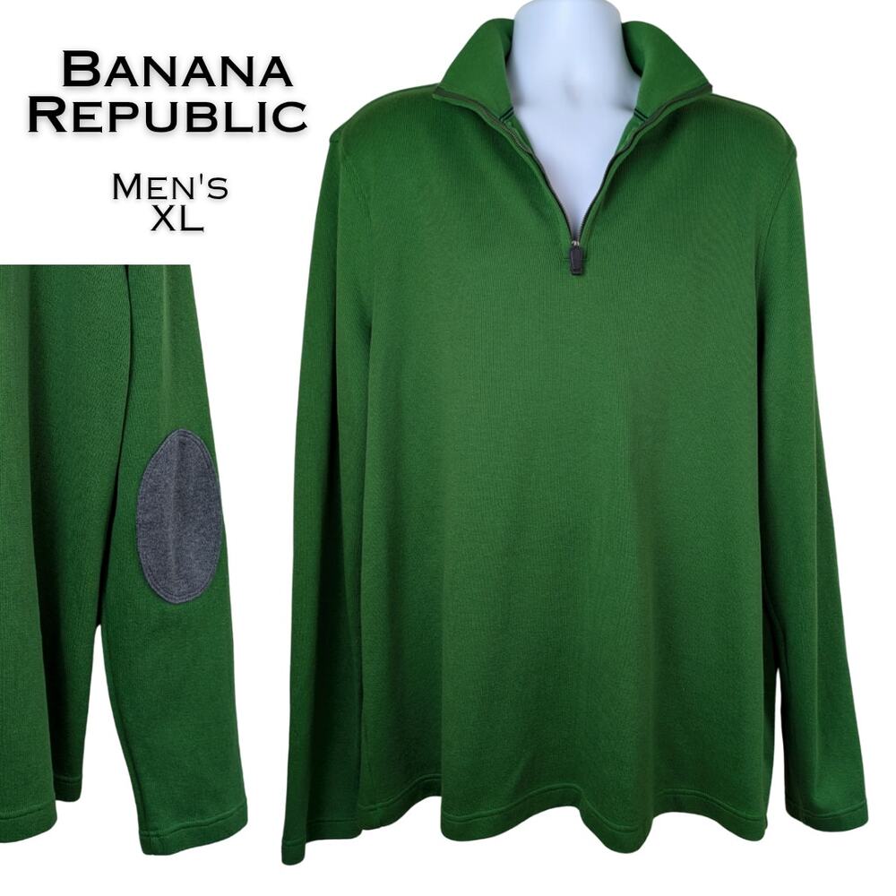 Banana Republic Mens Quarter Zip Sweater XL Green Cotton Mock Neck Elbow Patch